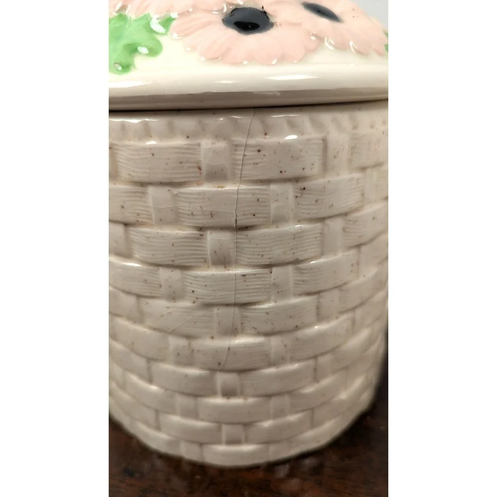 Vintage Ceramic Basket Weave Canisters Pink Daisy Flower Lids Speckled Stoneware